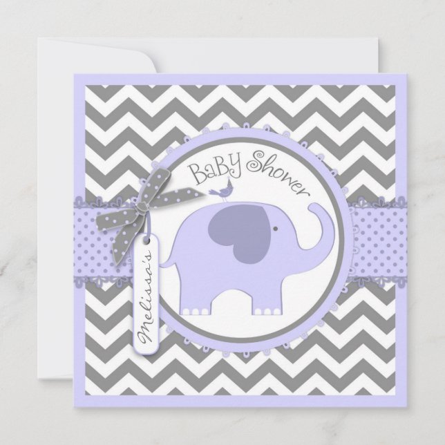 Invitation Baby shower d'impression Lavender Elephant et Chev (Devant)