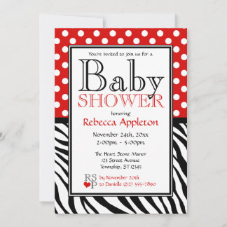 Invitation Baby shower d'impression Polka Dot Red & Zebra