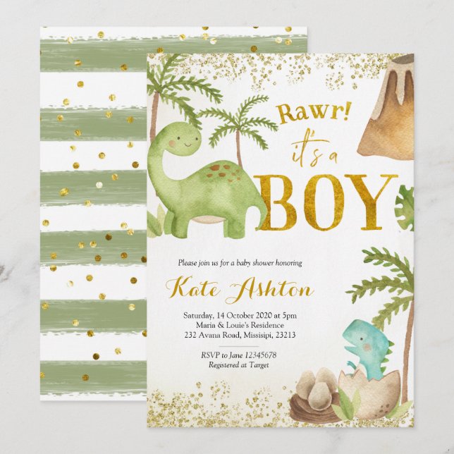Invitation Baby shower Dinosaur (Devant / Derrière)