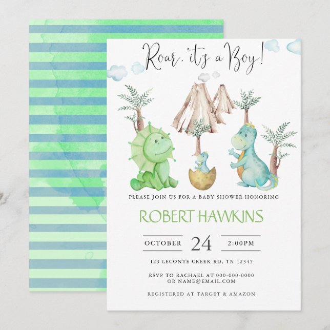 Invitation Baby shower Dinosaur Boy (Devant / Derrière)