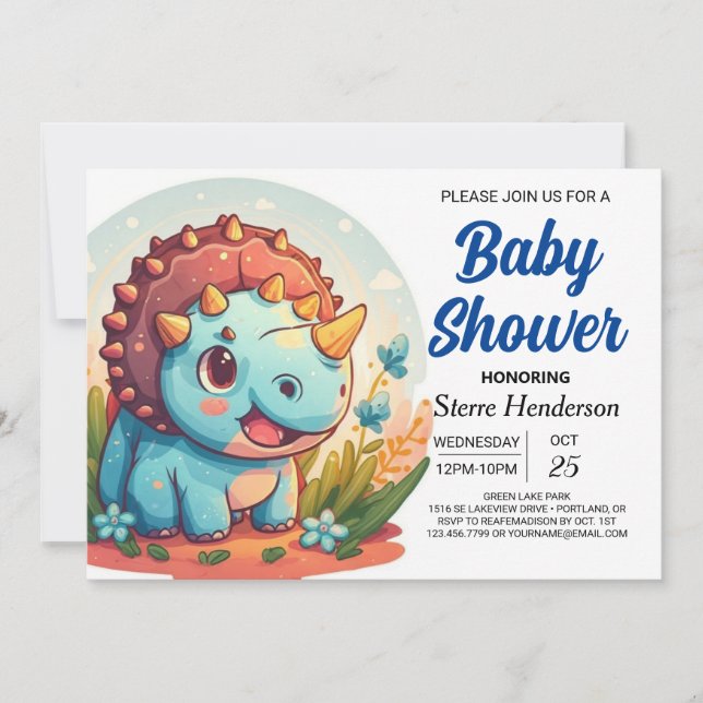 Invitation Baby shower Dinosaur Boy Digital Blue Custom (Devant)