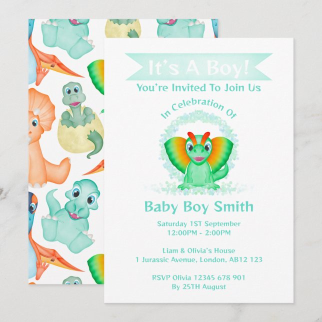 Invitation Baby shower Dinosaur Boy Dino Personnalisé (Devant / Derrière)