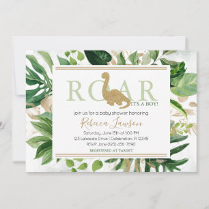 Invitation Baby Shower Dinosaure Brontosaurus Mignon Vert Or
