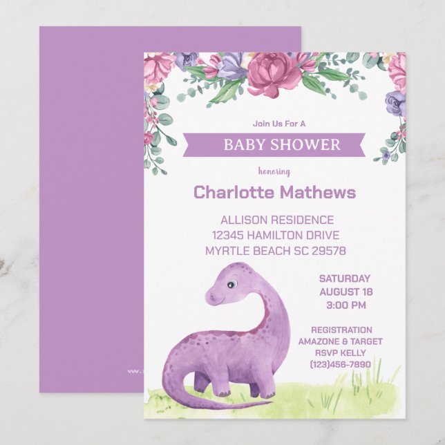 Invitation Baby shower Dinosaure de filles florales violettes (Devant / Derrière)