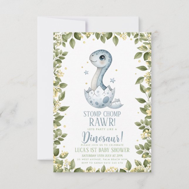 Invitation Baby Shower Dinosaure Fleur Sauvage Aquarelle (Devant)