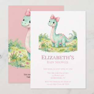 Invitation Baby Shower Dinosaure Mignon Avec Nœud Rose