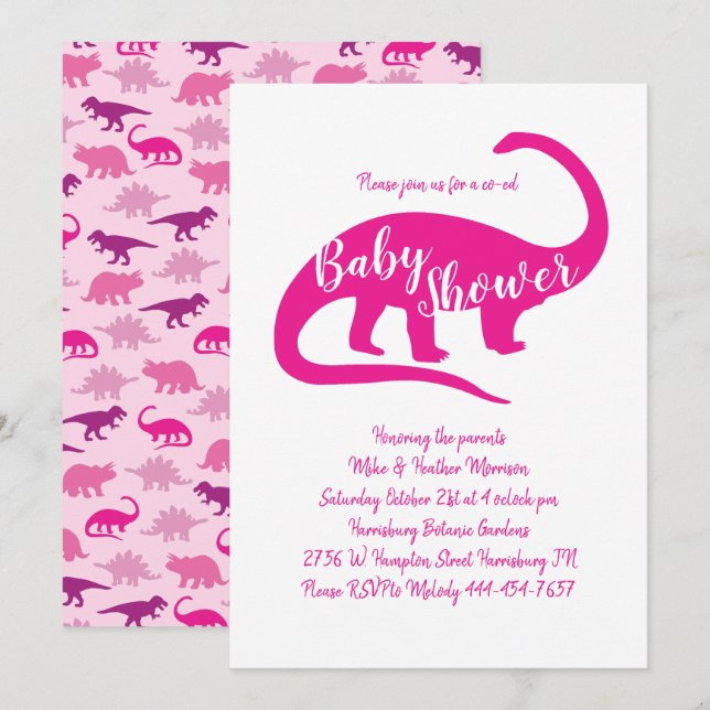 Invitation Baby shower Dinosaure mignon Brontosaurus fille ro (Devant / Derrière)