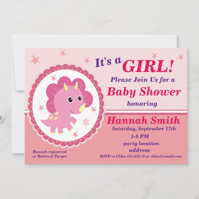 Invitation baby shower dinosaure rose (Devant)