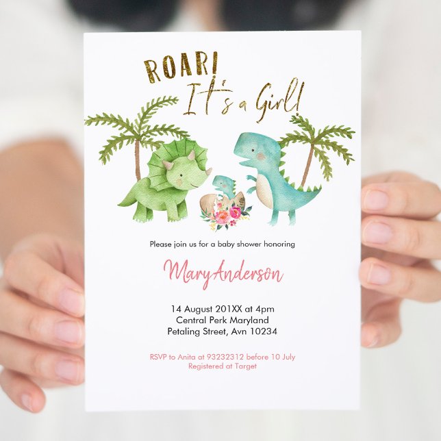 Invitation Baby shower Dinosaure Tropical fille rose (Créateur téléchargé)