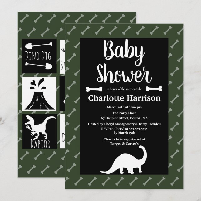 Invitation Baby Shower Dinosaures Préhistoriques (Devant / Derrière)