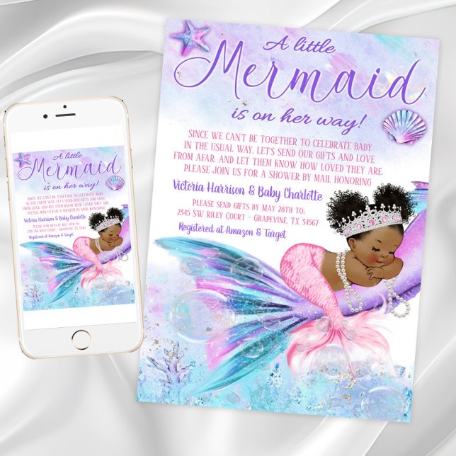 Invitation Baby shower d'interurbain Afro Mermaid par courrie (Long Distance Baby Shower by Mail Invitation. Instant download and printed invitations available.)