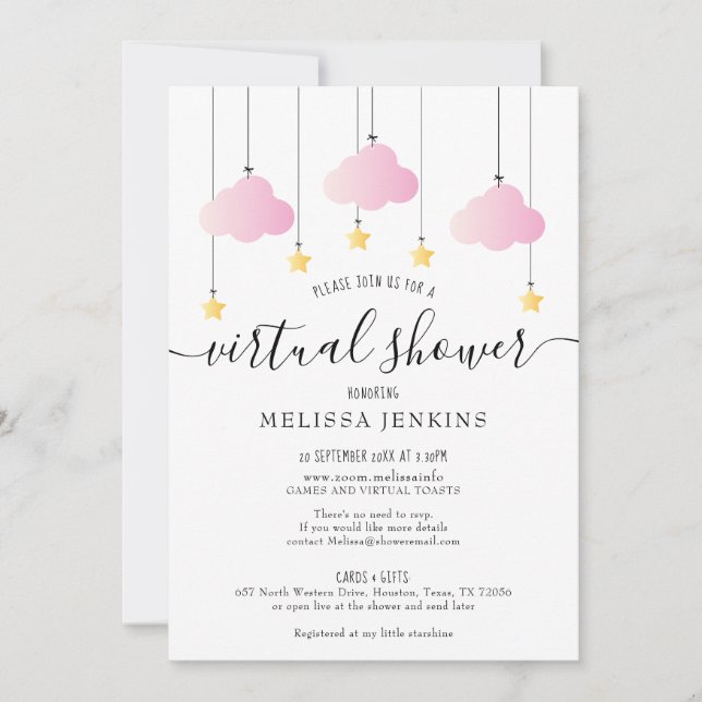 Invitation Baby shower d'interurbain virtuel en ligne par cou (Devant)