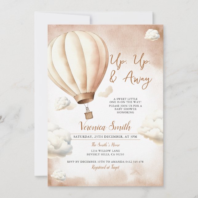 Invitation Baby shower d'ivoire avec ballon à air chaud, vers (Devant)