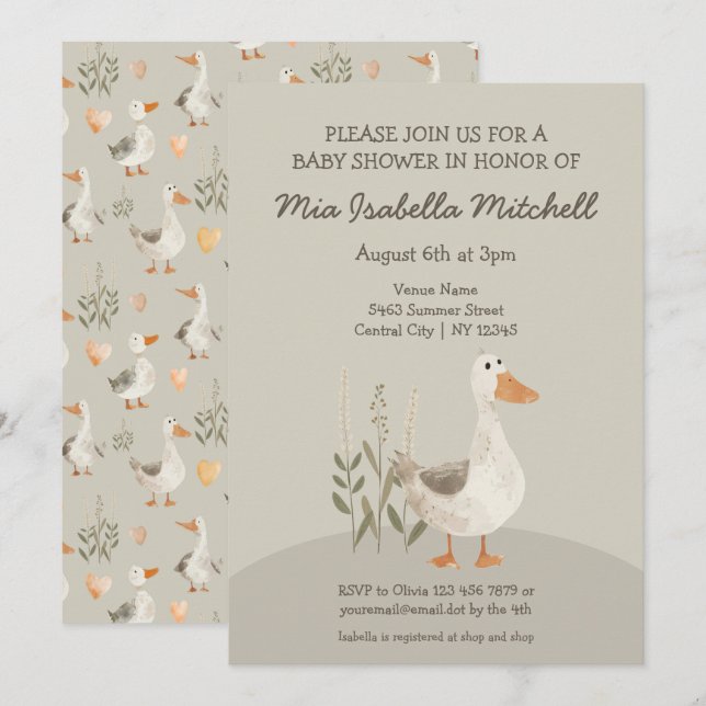 Invitation Baby shower d'oie d'aquarelle mignonne (Devant / Derrière)