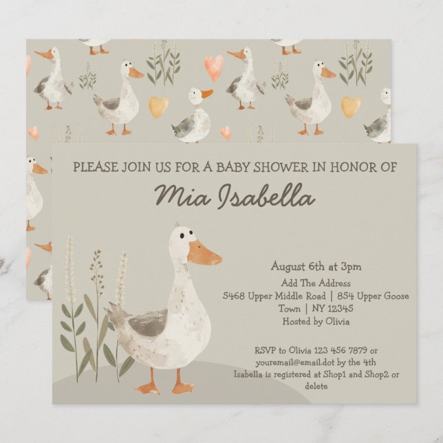Invitation Baby shower d'oie d'aquarelle mignonne (Devant / Derrière)