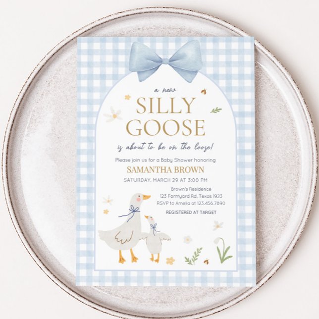 Invitation Baby shower d'oie En vichy bleu (Silly Goose Gingham Baby Shower Invitation)