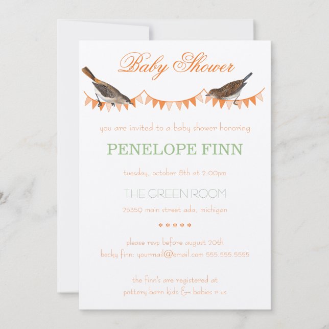 Invitation Baby shower d'oiseaux à la mode Peach Green Buntin (Devant)