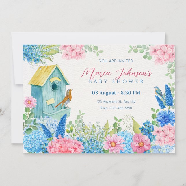 Invitation Baby shower d'oiseaux aux fleurs roses bleues (Devant)