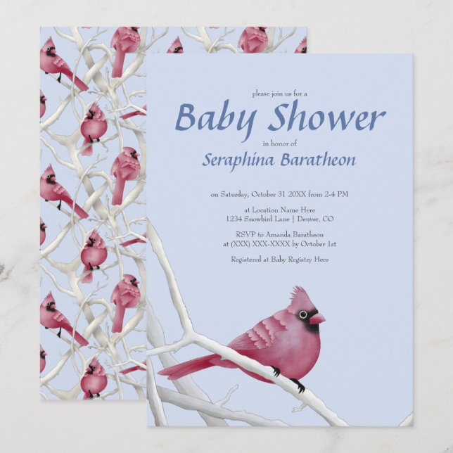 Invitation Baby shower d'oiseaux cardinal de Noël moderne ble (Devant / Derrière)