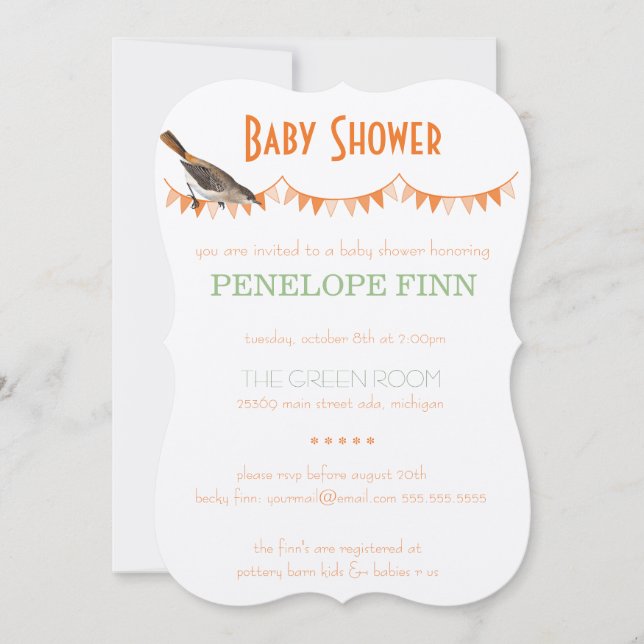 Invitation Baby shower d'oiseaux de lapin vert de Pêche (Devant)