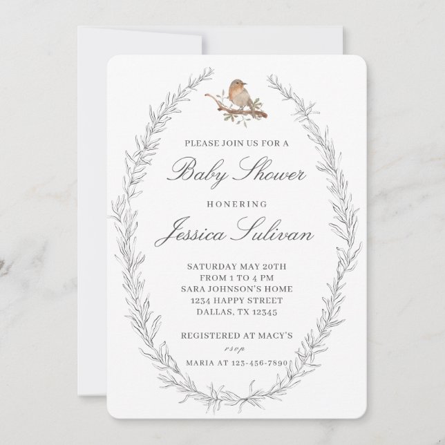 Invitation Baby shower d'oiseaux délicieusement moderne (Devant)