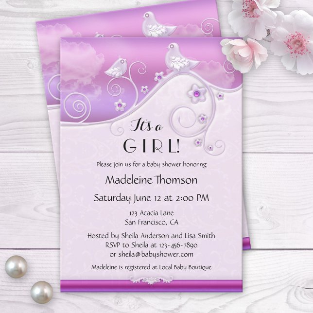 Invitation Baby shower d'oiseaux floraux Chic Lila (Créateur téléchargé)