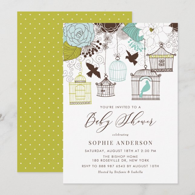 Invitation Baby shower d'oiseaux Whimsical Bleus (Devant / Derrière)