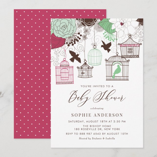 Invitation Baby shower d'oiseaux Whimsical Rouge et Vert (Devant / Derrière)