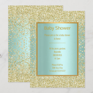 Invitation Baby shower D'OR AQUA VERT BLEU DIAMOND SPARKLE