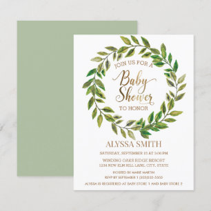 Invitation Baby shower d'or blanc feuille verte Sage