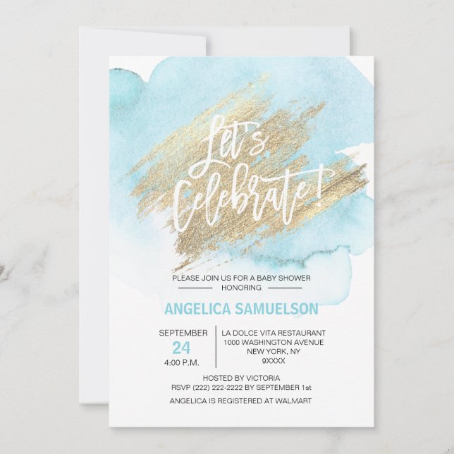 Invitation Baby shower d'or bleu aquarelle Fêtons (Devant)