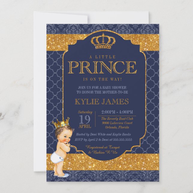 Invitation Baby shower d'or bleu de la Royal Little Prince Na (Devant)