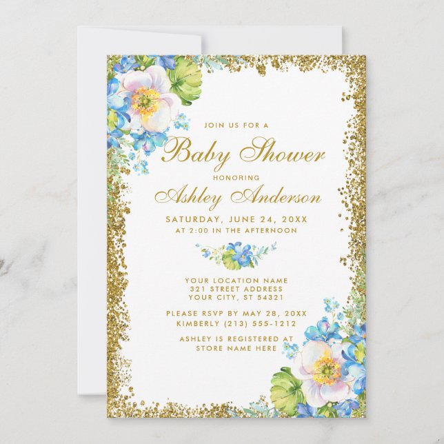 Invitation Baby shower d'or bleu floral Parties scintillant I (Devant)