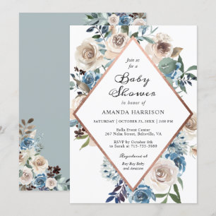 Invitation Baby shower d'or Boho Floral Dusty Blue Rose