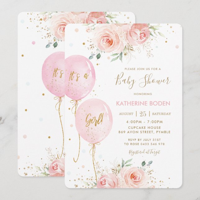 Invitation Baby shower d'or des ballons floraux rose vif mode (Devant / Derrière)