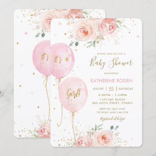 Invitation Baby shower d'or des ballons floraux rose vif mode