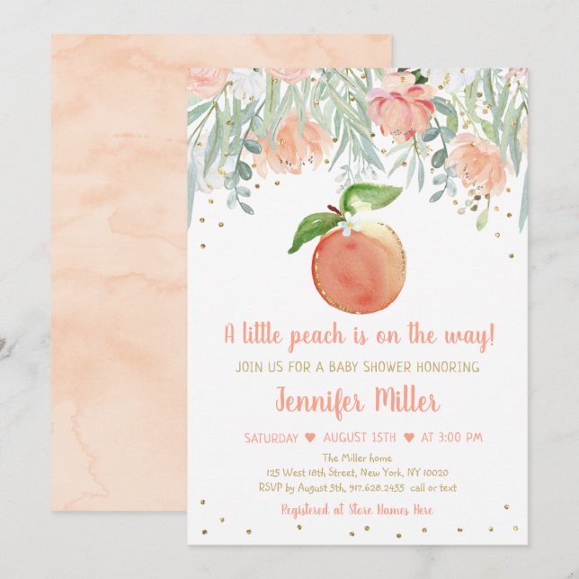 Invitation Baby shower d'or floral Little Peach (Devant / Derrière)