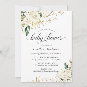 Invitation Baby shower d'or Floral Rose blanche verdure