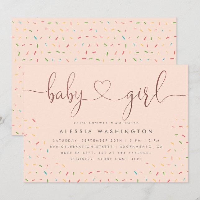 Invitation Baby shower d'or pour fille Rose à saupoudrage cou (Devant / Derrière)