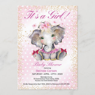 Invitation Baby shower d'or rose Baby Elephant