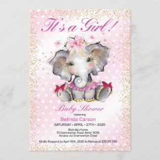 Invitation Baby shower d'or rose Baby Elephant