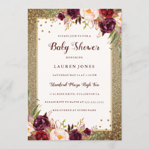 Invitation Baby shower d'or Sparkle à fleurs de Bourgogne Inv