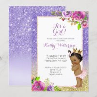 Invitation Baby shower d'or violet afro-américain