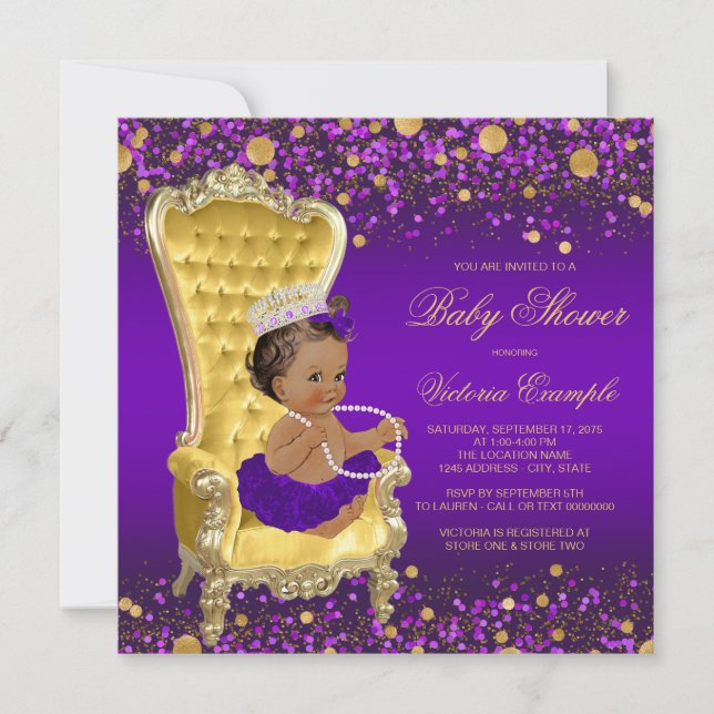Invitation Baby shower d'or violet d'Amérique d'Afrique (Devant)