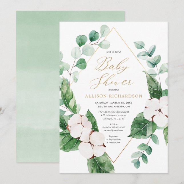Invitation baby shower doré blanc fleuri printanier (Devant / Derrière)