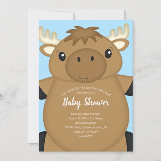 Invitation Baby shower d'orignal bleu (Devant)