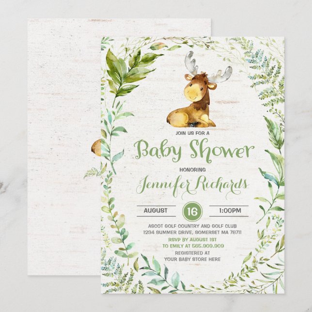 Invitation Baby shower d'orignal russe Verdure (Devant / Derrière)