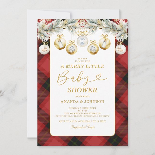 Invitation Baby shower d'ornements rouges en or de Noël (Devant)