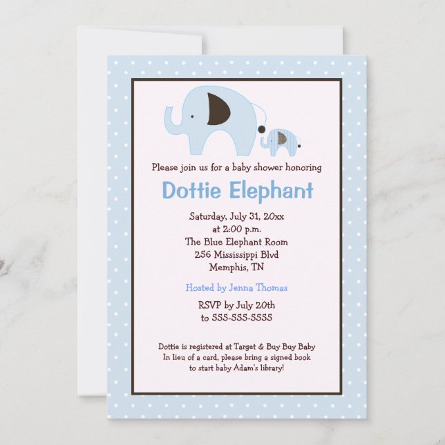 Invitation Baby shower Dottie Elephant (bleu clair (Devant)