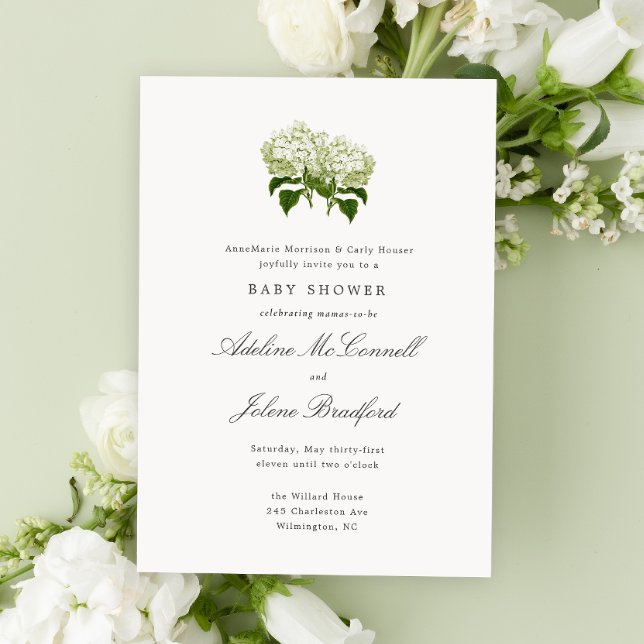 Invitation Baby shower double blanc Hydrangea Grandmillennial (double mama baby shower with green and white hydrangea flowers and elegant grand millennial text)